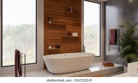 Bathroom Modern Interior With Sauna Style Wood Planks Design, Quartz Slab And Wall And Floor Ceramic Tiles.  Bathroom 3d Rendering.