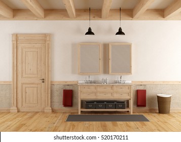 Bathroom In Rustic Style With Double Sink And Closed Door - 3d Rendering