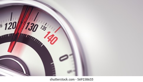 Bathroom Scale With The Needle Pointing 130 Kg. 3D Illustration With Copy Space On The Right For Overweight Or Obesity Concept.