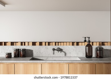 Bathroom With Sink On Light Wooden Wall, Large Mirror And Bath Accessories. Modern Stylish Bathing Room Interior With Washbasin, Gels And Soap, 3D Rendering No People