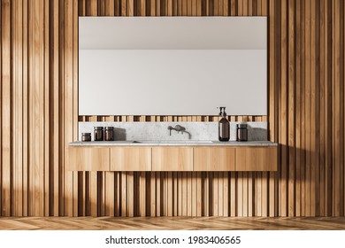 Bathroom With Sink On Light Wooden Wall, Large Mirror And Bath Accessories. Modern Stylish Bathing Room Interior With Washbasin, Gels And Soap, 3D Rendering No People