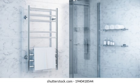 Bathroom Towel Heater Warmer With Towels In Modern Bathroom - 3d Rendering