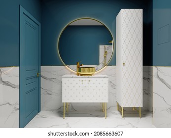 Badezimmer mit Waschbecken und Leinenschachtel aus weißem Mobiliar mit volumetrischer Struktur auf der Fassade und einem großen runden Spiegel. 3D-Darstellung.
