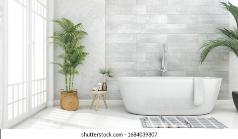 Das Badezimmer ist weiß und mit Blumen und einer weißen Holzwand ausgestattet. 3D-Illustration 