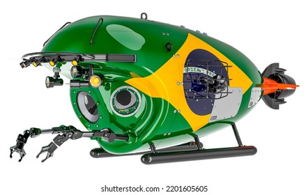 Bathyscaphe With Brazilian Flag. Marine Geology, Oceanography In Brazil, 3D Rendering Isolated On White Background