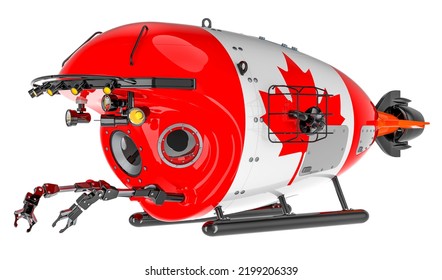 Bathyscaphe With Canadian Flag. Marine Geology, Oceanography In Canada, 3D Rendering Isolated On White Background