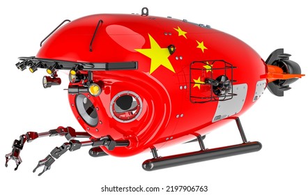 Bathyscaphe With Chinese Flag. Marine Geology, Oceanography In China, 3D Rendering Isolated On White Background