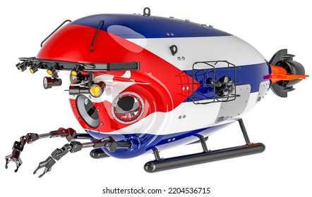 Bathyscaphe With Cuban Flag. Marine Geology, Oceanography In Cuba, 3D Rendering Isolated On White Background