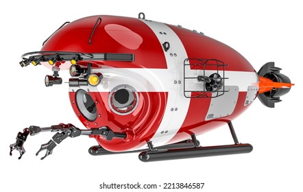 Bathyscaphe With Danish Flag. Marine Geology, Oceanography In Denmark, 3D Rendering Isolated On White Background