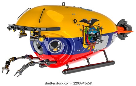 Bathyscaphe With Ecuadorian Flag. Marine Geology, Oceanography In Ecuador, 3D Rendering Isolated On White Background