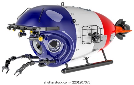 Bathyscaphe With French Flag. Marine Geology, Oceanography In France, 3D Rendering Isolated On White Background