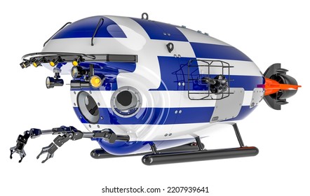 Bathyscaphe With Greek Flag. Marine Geology, Oceanography In Greece, 3D Rendering Isolated On White Background