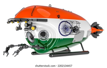 Bathyscaphe With Indian Flag. Marine Geology, Oceanography In India, 3D Rendering Isolated On White Background