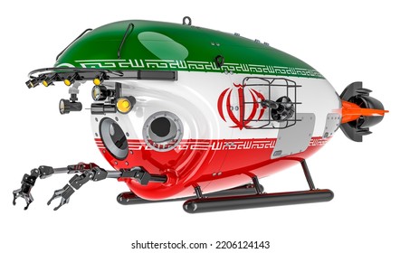 Bathyscaphe With Iranian Flag. Marine Geology, Oceanography In Iran, 3D Rendering Isolated On White Background