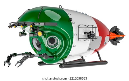 Bathyscaphe With Italian Flag. Marine Geology, Oceanography In Italy, 3D Rendering Isolated On White Background