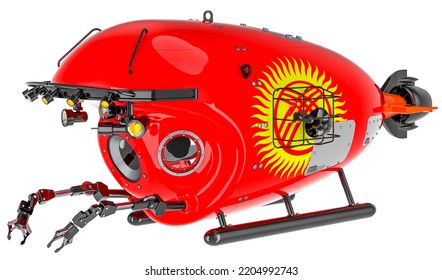 Bathyscaphe With Kyrgyz Flag. Marine Geology, Oceanography In Kyrgyzstan, 3D Rendering Isolated On White Background