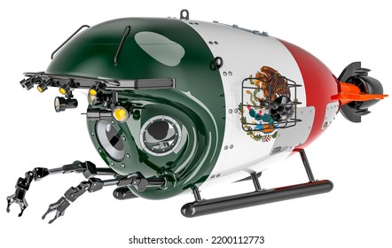 Bathyscaphe With Mexican Flag. Marine Geology, Oceanography In Mexico, 3D Rendering Isolated On White Background