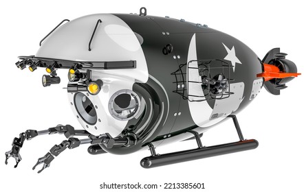 Bathyscaphe With Pakistani Flag. Marine Geology, Oceanography In Pakistan, 3D Rendering Isolated On White Background