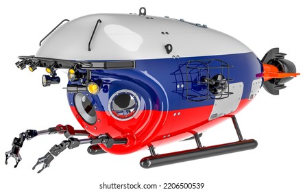 Bathyscaphe With Russian Flag. Marine Geology, Oceanography In Russia, 3D Rendering Isolated On White Background