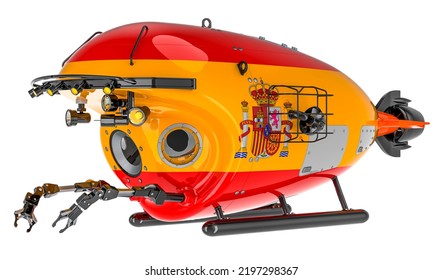 Bathyscaphe With Spanish Flag. Marine Geology, Oceanography In Spain, 3D Rendering Isolated On White Background