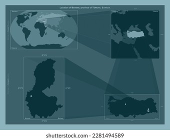 Batman, province of Turkiye. Diagram showing the location of the region on larger-scale maps. Composition of vector frames and PNG shapes on a solid background