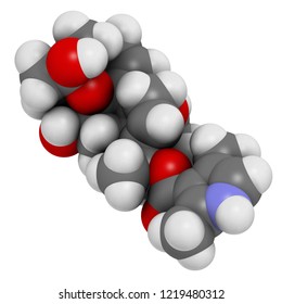 Batrachotoxin (BTX) neurotoxin molecule. Found in number of animals, including poison dart frogs. 3D rendering. Atoms are represented as spheres with conventional color coding.