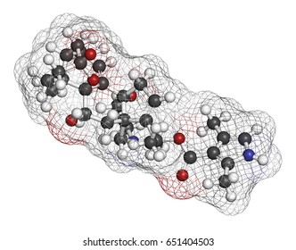 Batrachotoxin (BTX) neurotoxin molecule. Found in number of animals, including poison dart frogs. 3D rendering. Atoms are represented as spheres with conventional color coding: hydrogen (white), etc