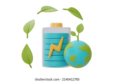 Battery Charge Icon With World Globe And Green Leaf,smart Energy Saving,Happy Earth Day,World Environment Day,Eco Friendly,3d Rendering.