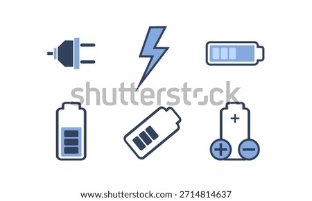 Battery and Charging Vector Icon Set, Electric Energy Symbols, Voltage, and Power Capacity Indicators