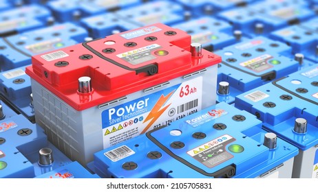 Battery choice. Car battery without brand surrounded by other batteries. 3d illustration