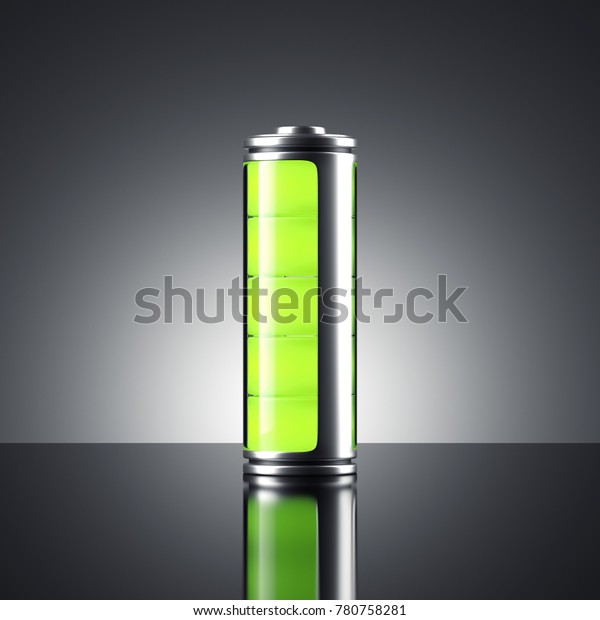 Battery with green indicator isolated on dark\
background. 3d\
rendering