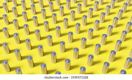 Battery Pack Background On A Yellow Backdrop. AA Or 18650 Vape Or Electric Car Lithium Battery Of Metallic Material Standing In A Row In Large Groups. 3D Illustration