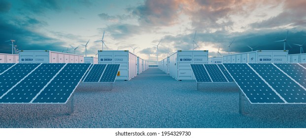 Battery storage power station 
accompanied by solar and wind  turbine power plants. 3d rendering. - Powered by Shutterstock