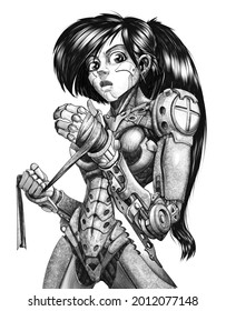 battle Android girl drawing in line art black   white 