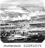 The Battle of Austerlitz, figured after the plans and drawings preserved at the Depot of the war, vintage engraved illustration. Magasin Pittoresque 1844.