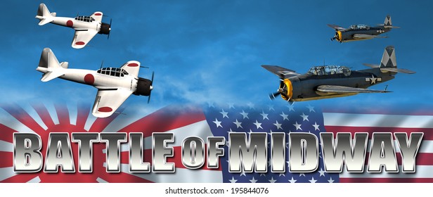 Battle Of Midway Banner For The Pacific War Between Japan And USA. Torpedo Bomber And Japanese Fighter