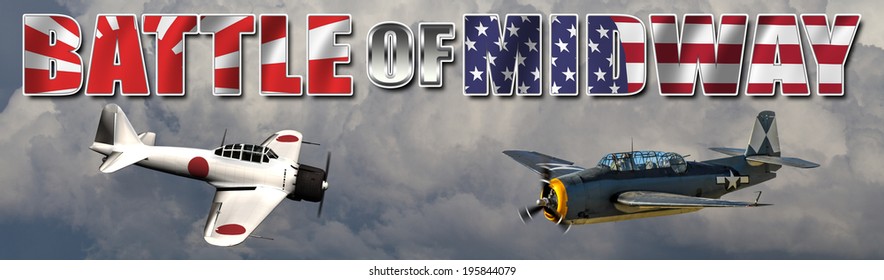 Battle Of Midway Banner For The Pacific War Between Japan And USA. Torpedo Bomber And Japanese Fighter