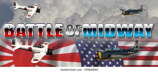 Battle Of Midway Banner For The Pacific War Between Japan And USA. Torpedo Bomber And Japanese Fighter