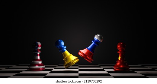 Battle pawn chess between Russia and Ukraine with USA and China chess standing for both countries political conflict and war concept by 3d rendering technique.