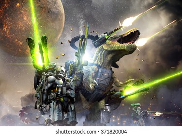 Battle Rex and a team of commandos engaging an unknown enemy force on a planet in another galaxy.