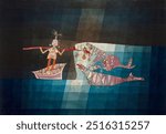 Battle scene from the funny and fantastic opera "The Seafarers" (1923) painting by Paul Klee. Vintage abstract art drawing illustration, old abstract painting art print.