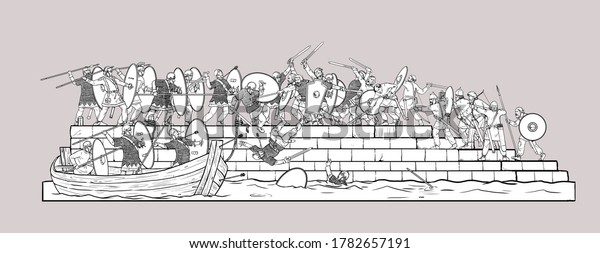 Battle scene roman army against barbarians.\
Historical\
drawing.