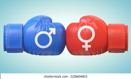 Battle Of Sexes, Man And Woman Symbol On Boxing Gloves 3d Rendering