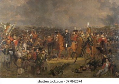 The Battle of Waterloo, by Jan Willem Pieneman, 1824, Dutch painting, oil on canvas. Duke of Wellington receiving the message that Prussian forces are coming to his aid. Dutch Crown Prince, later King