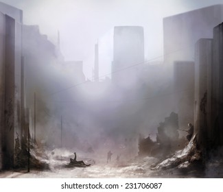 Battlefield Art Background.Illustration Of A World War 2 Daylight Battle Scene With Soldiers And Destroyed Buildings Background.