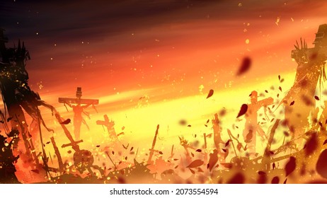 The battlefield is in a bright yellow-orange sunset, with the swords of defeated warriors stuck on it and a lot of crucified kings. Flower petals and bright sparks of fire are flying in the air 2d art