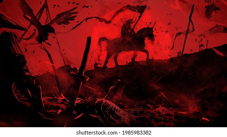 The battlefield is littered with corpses and broken weapons, the last surviving horseman is walking on it, riddled with arrows, he does not throw the banner, against the background of the bloody sun 
