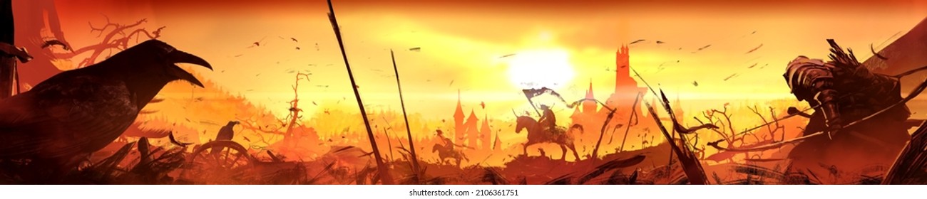 A battlefield with wounded, defeated knights, those who survived are sitting exhausted, spear fragments and bloodthirsty feasting crows are everywhere, behind a bright sunset with castles and. 2d art
