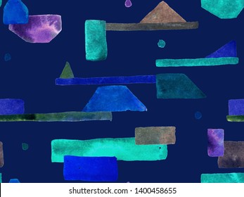 Bauhaus Seamless Pattern. Watercolor Geometric  Indigo, Blue Lines Design. Art Organic Geo Background. Big Trendy Minimal Print. Trendy Fun Abstract Paint Watercolour Colour Stripes. Ilustrasi Stok