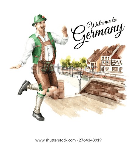 Bavarian or Tyrolean folk dance, a dancer in traditional clothes on a city street. Hand drawn watercolor illustration, isolated on white background